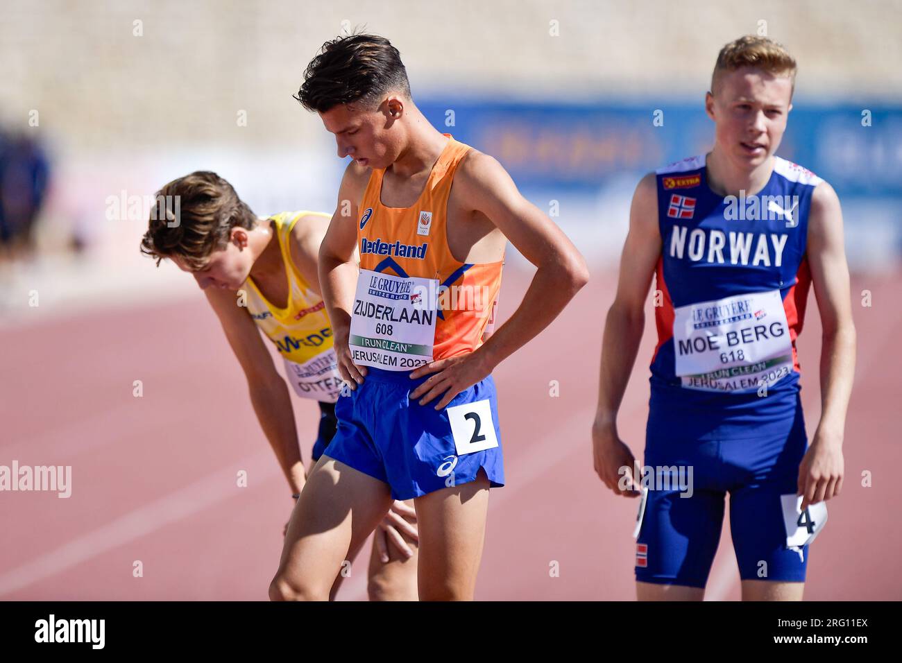 Gerusalemme, Israele. 7 agosto 2023. GERUSALEMME, ISRAELE - 7 AGOSTO: Juan Zijderlaan dei Paesi Bassi durante i 3000m uomini Round 1 del giorno 1 dei Campionati europei di atletica leggera U20 di Gerusalemme il 7 agosto 2023 a Gerusalemme, Israele. (Foto di Pablo Morano/Agenzia BSR) credito: Agenzia BSR/Alamy Live News Foto Stock