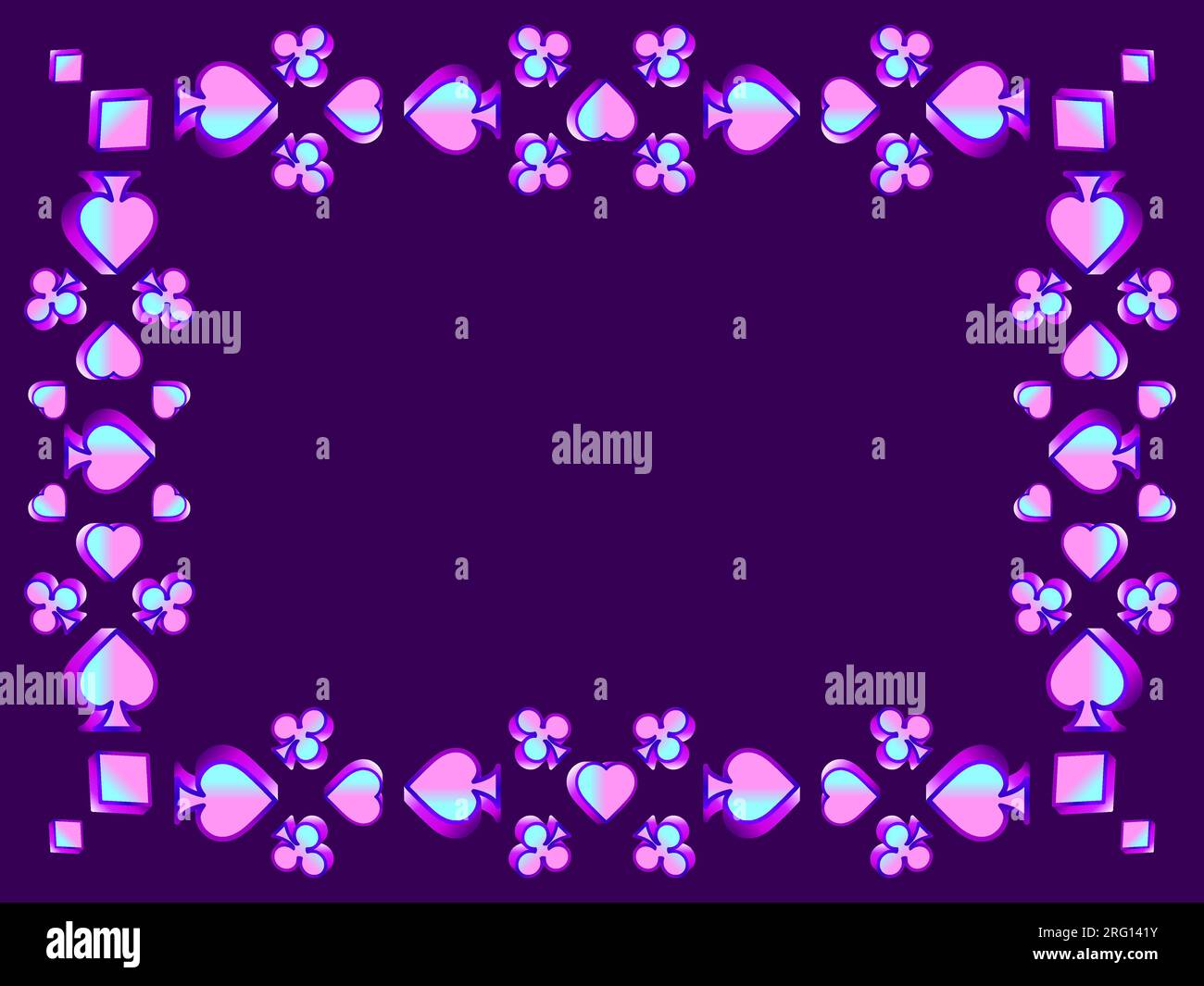 Incorniciatura con completi da carte: Diamanti, cuori, mazze, picche in stile 3D. Simboli isometrici dei completi di carte con sfumatura. Gioco di carte, casinò. Progettare un modello Illustrazione Vettoriale