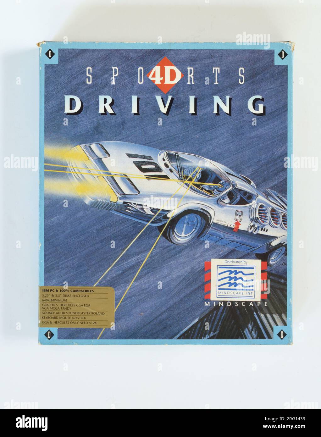 Giochi per computer MS-DOS degli anni '1980 Guida sportiva simulazione di guida MS-DOS 4D - illustrazione della copertina anteriore, grafica dei giochi per computer. Foto Stock
