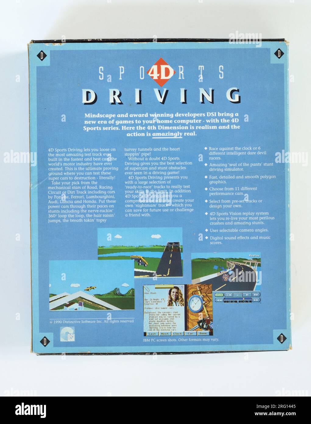 Giochi per computer MS-DOS degli anni '1980 Guida sportiva simulazione di guida MS-DOS 4D - illustrazione della copertina anteriore, grafica dei giochi per computer. Foto Stock