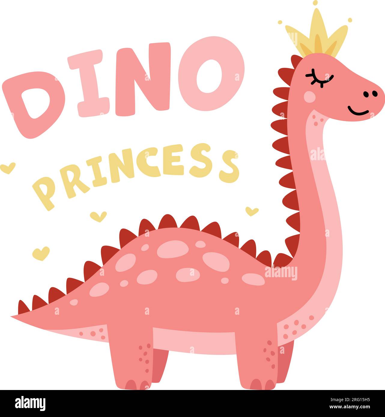 Dino Princess personaggio in corona, modello di tessera rosa. Simpatico dinosauro, adorabile grafica animata, elegante stampa vettoriale per bambini Illustrazione Vettoriale