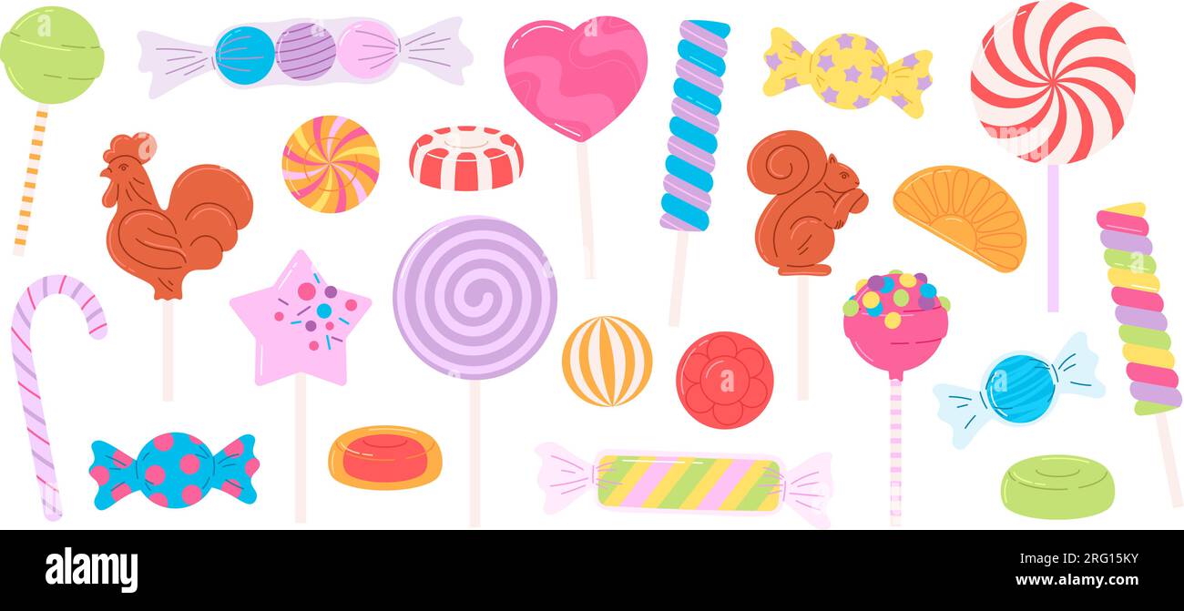 Caramelle da cartoni animati, lecca lecca e caramelle di frutta. Caramelle zuccherate, regali per bambini. Dolciumi, caramello e gomme da masticare. Clipart vettoriale ray Illustrazione Vettoriale