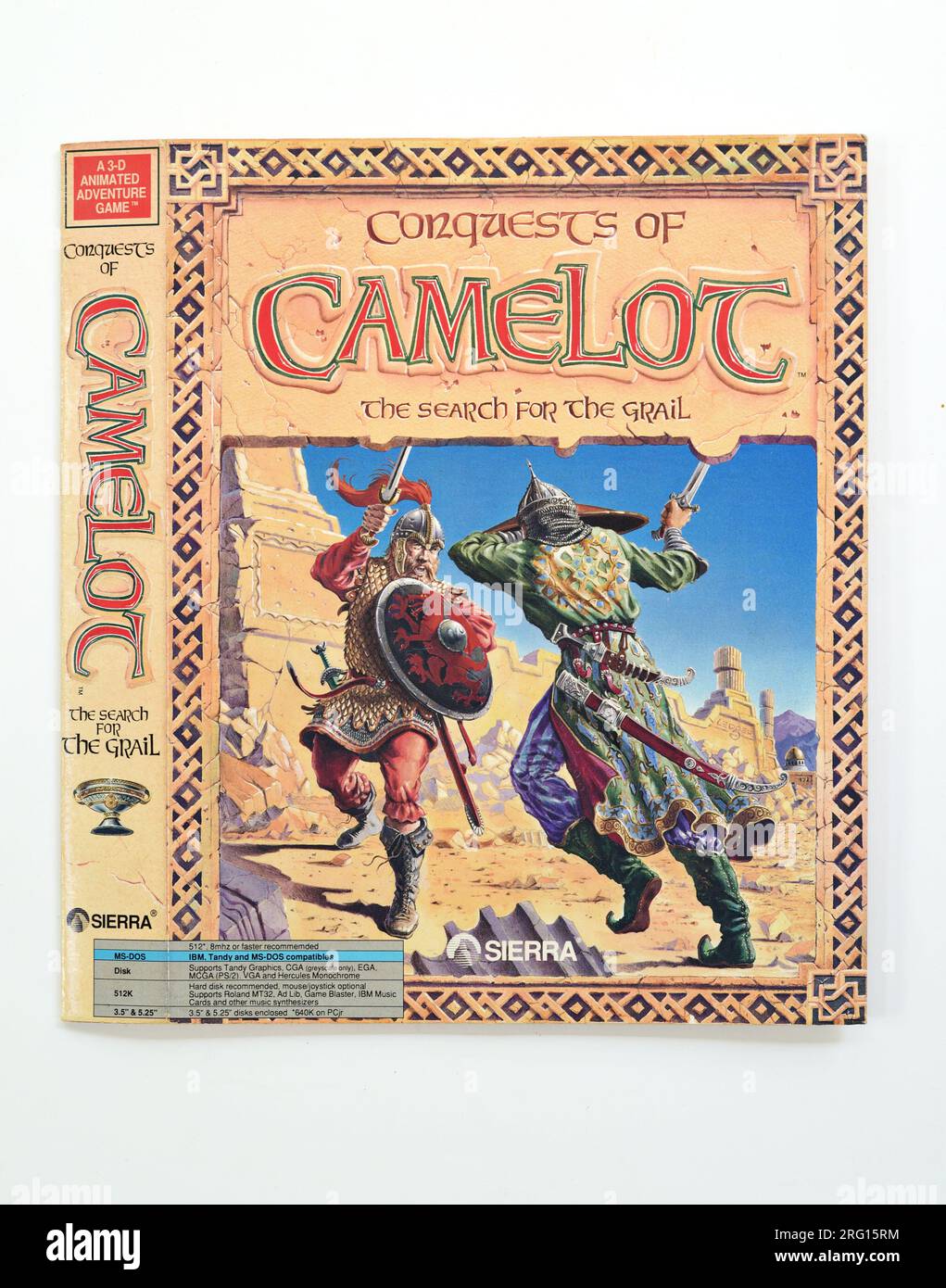 Conquests of Camelot: The Search for the Grail; parte anteriore della scatola del gioco, copertina illustrata Foto Stock