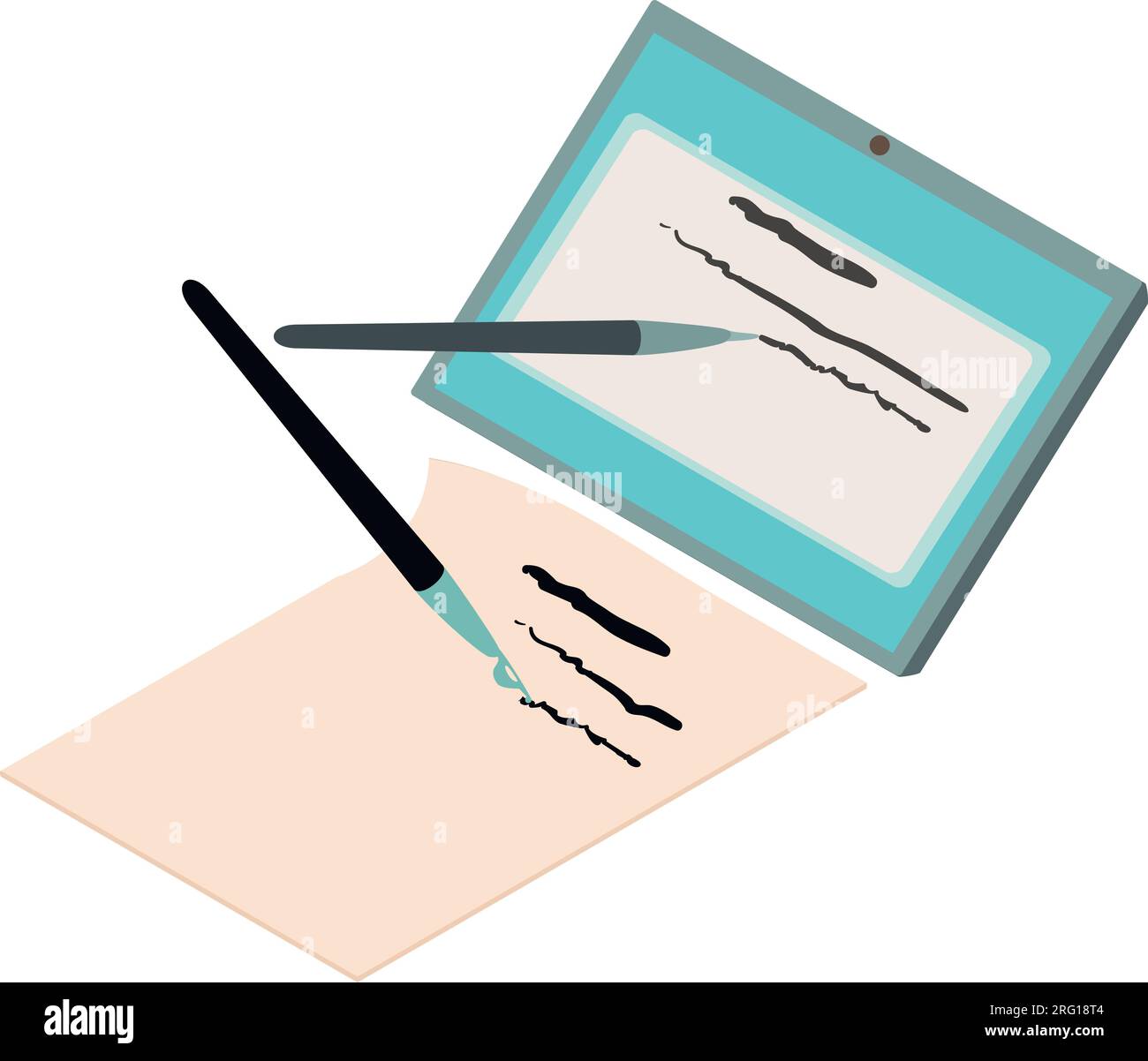 Icona elezione online vettore isometrico. Testo sullo schermo del tablet vicino al foglio con la penna. Digitalizzazione, votazione elettronica Illustrazione Vettoriale
