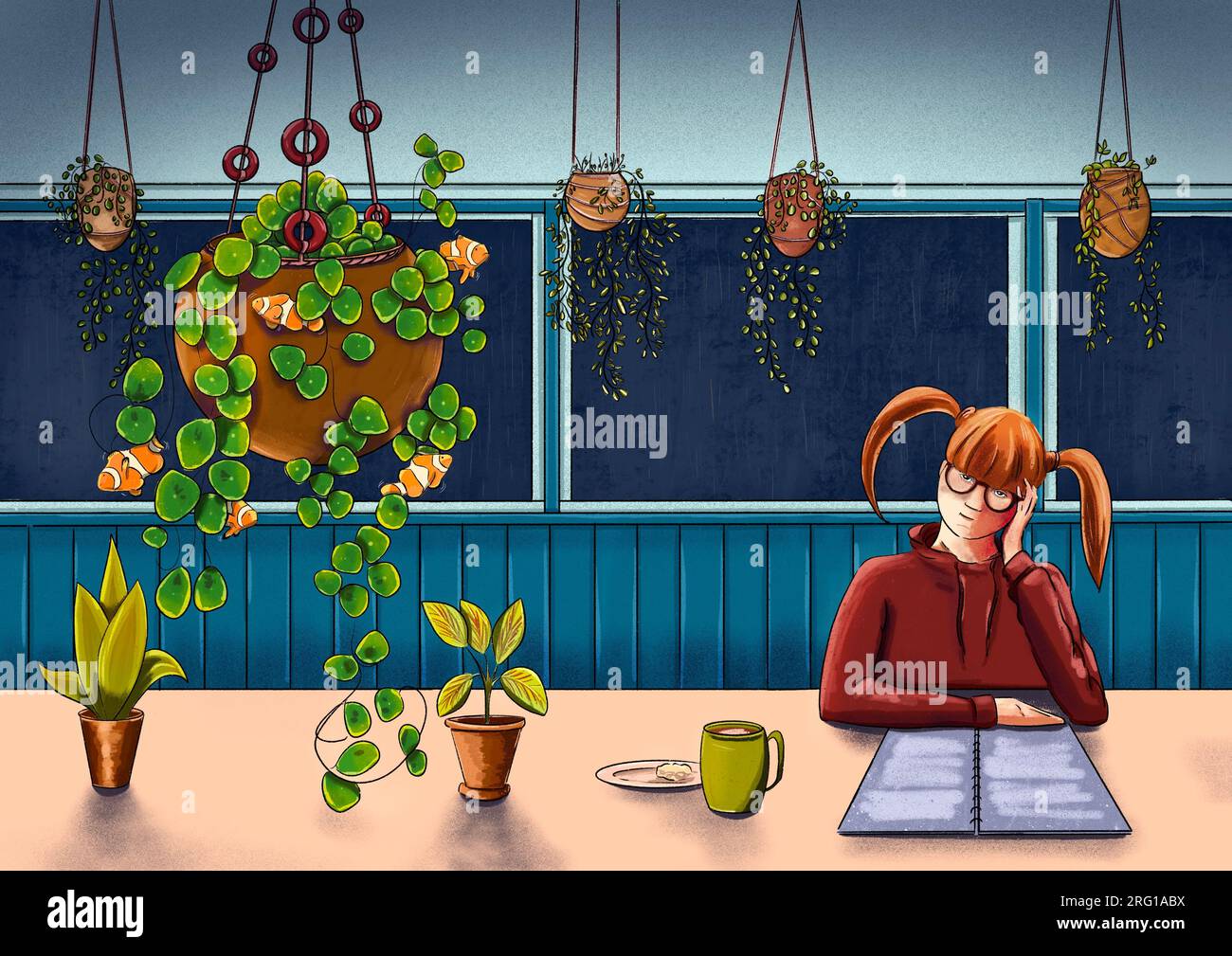 Giovane ragazza che sogna ad occhi aperti alla sua scrivania con le piante che la circondano Foto Stock