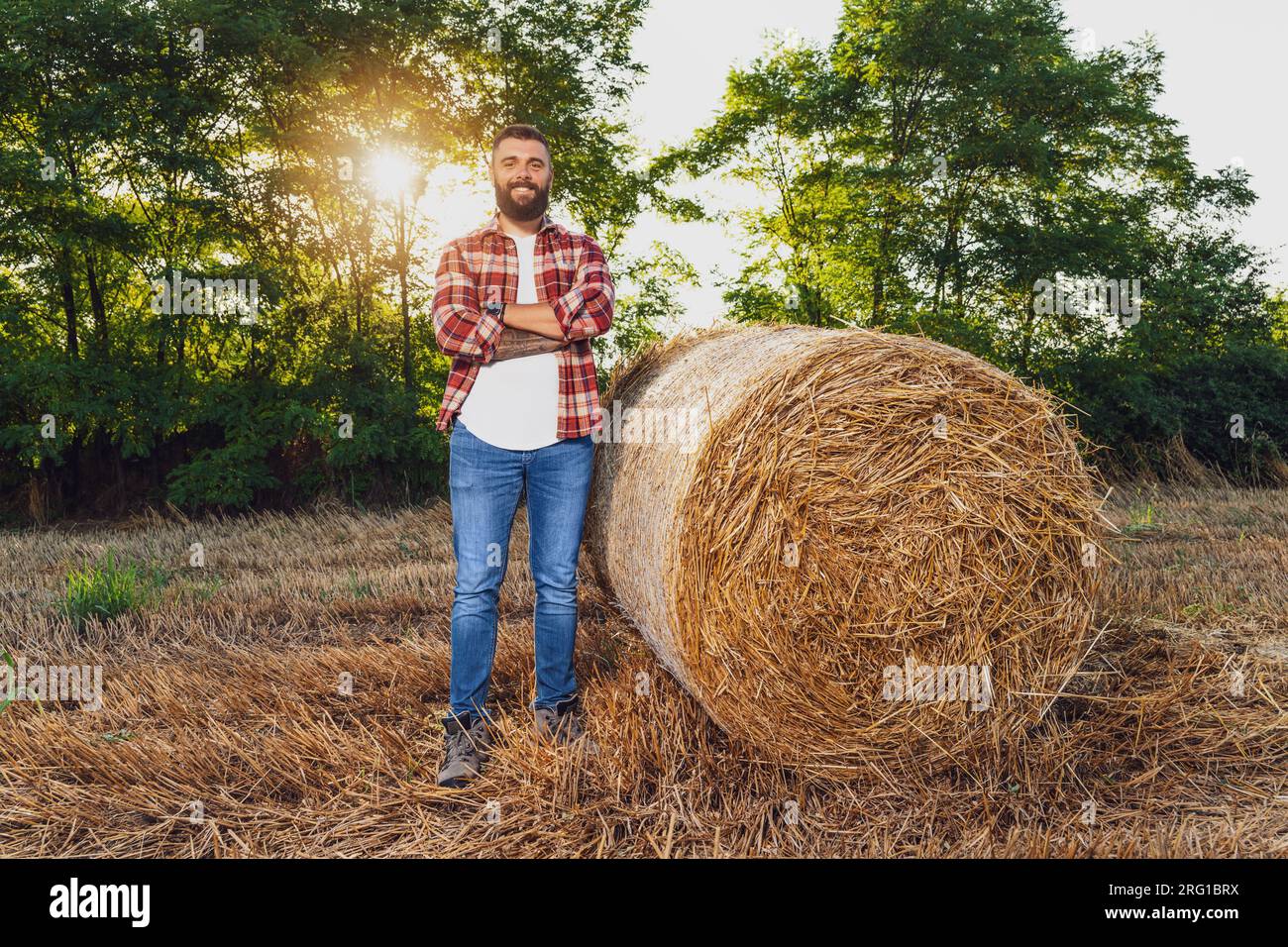 L'agricoltore si trova accanto alle balle di fieno. È soddisfatto dopo aver raccolto con successo. Foto Stock