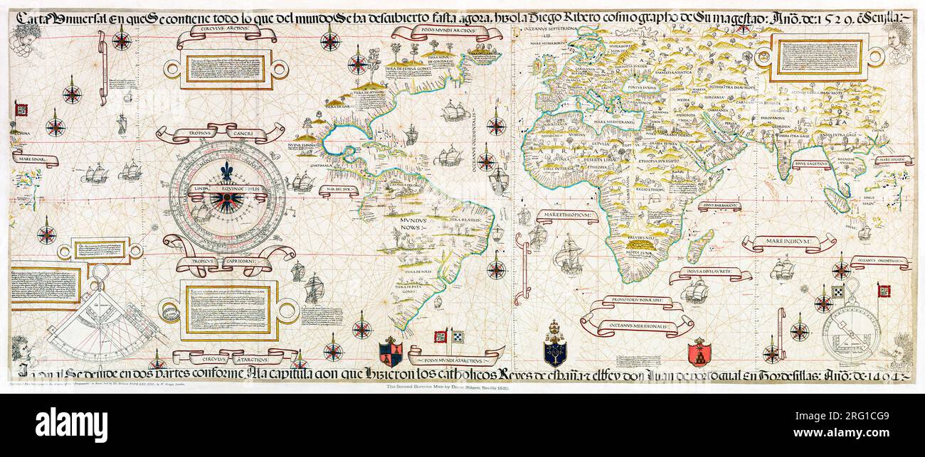 Mappa del mondo di Diogo Ribeiro. Originale dalla libreria Beinecke rare Book & Manuscript. Foto Stock