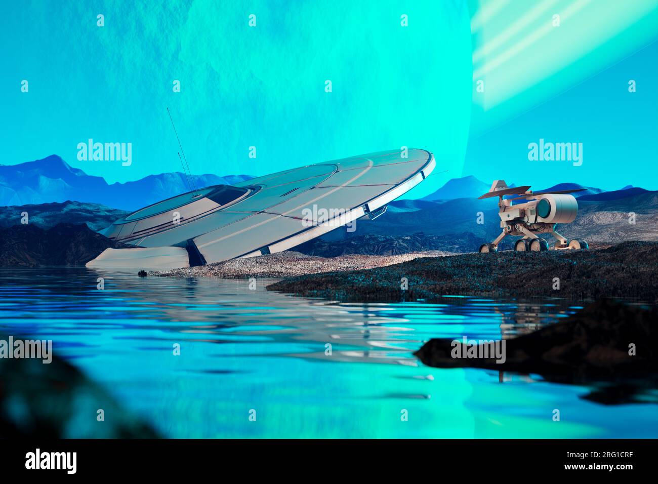 rover planetario che trova astronavi alieni mentre esplora il pianeta. Astronave. Foto Stock