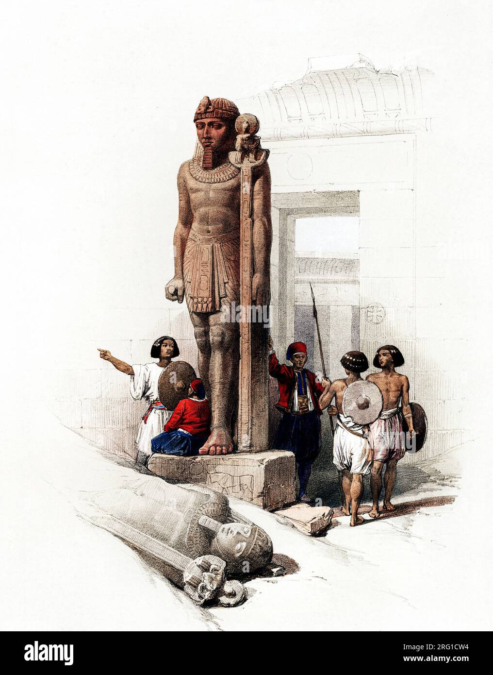 Colossus di fronte al Tempio di Wady Saboua Nubia illustrazione di David Roberts. Originale della New York Public Library. Foto Stock