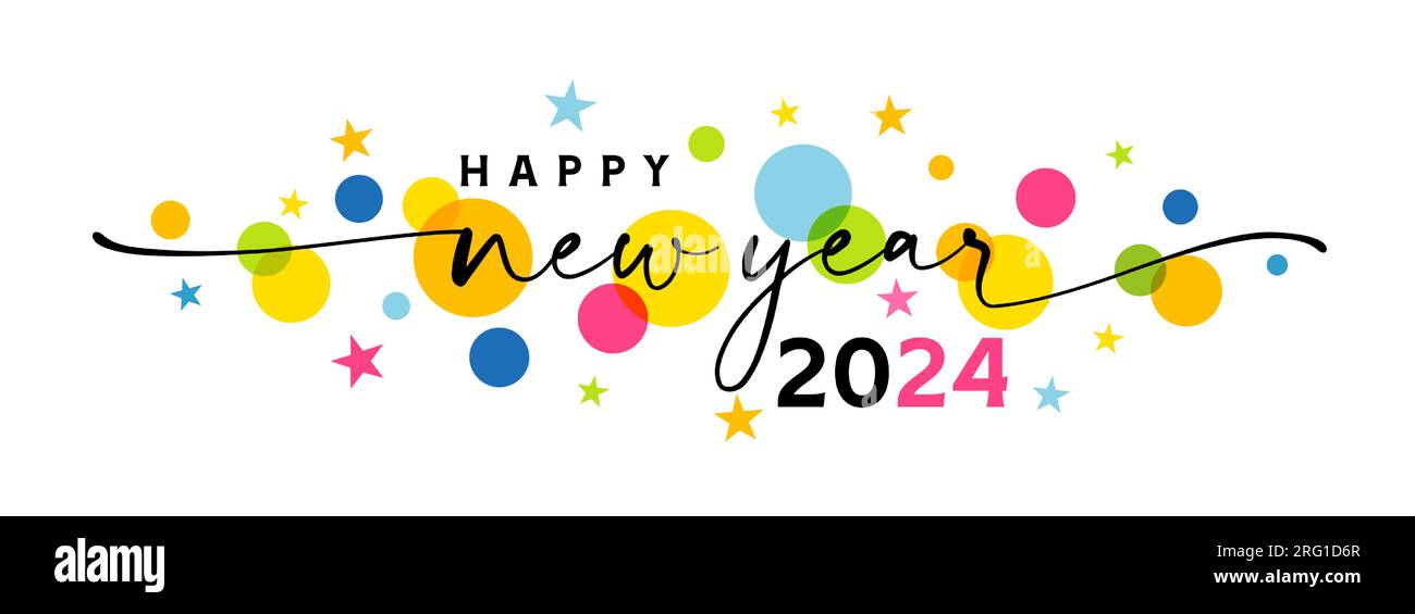 Felice anno nuovo 2024 banner di auguri con nastri a vortice e stelle. Design colorato numero creativo 2024. Concetto del titolo del calendario, icona grafica isolata Illustrazione Vettoriale