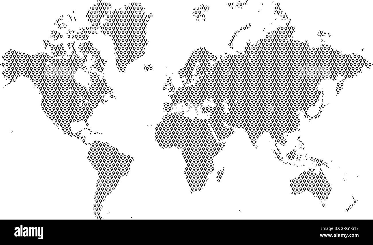 Mappa del mondo con motivo di tratteggio perno di posizione. Illustrazione vettoriale Illustrazione Vettoriale
