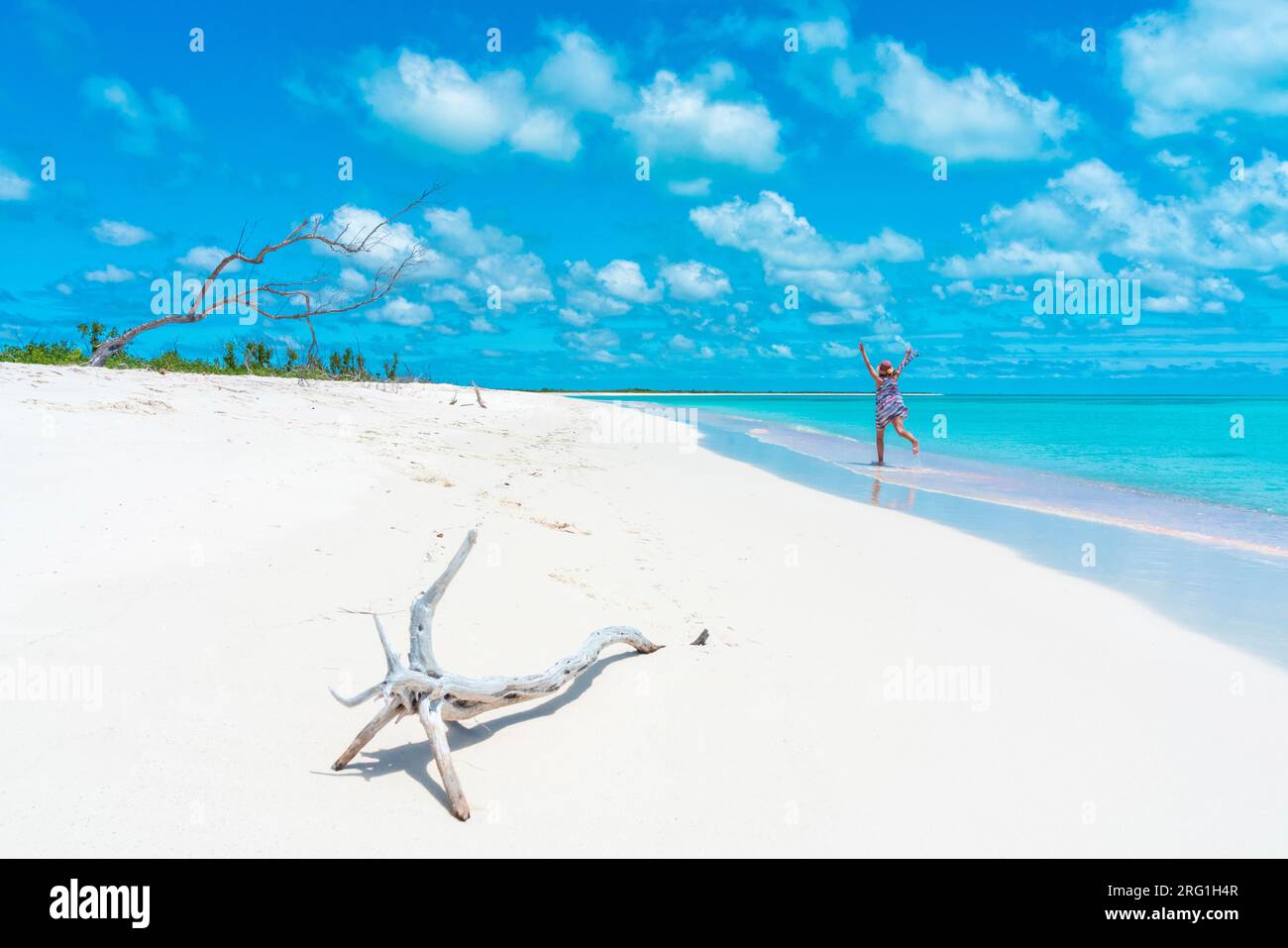 Vista posteriore di una donna allegra con le braccia in alto sulla spiaggia di sabbia, Caraibi Foto Stock