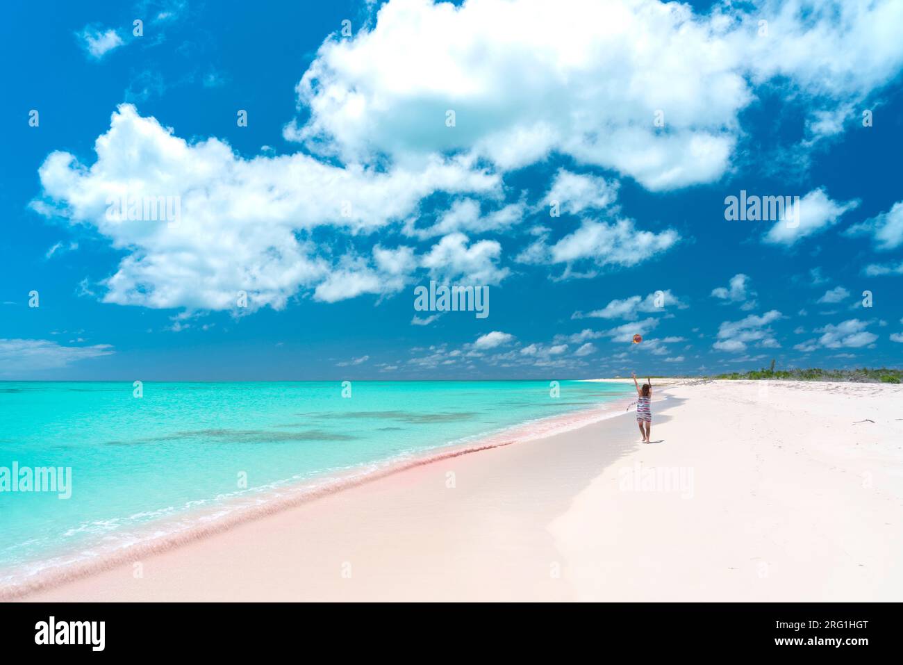 Vista posteriore di una donna allegra sulla spiaggia di sabbia rosa, Caraibi Foto Stock