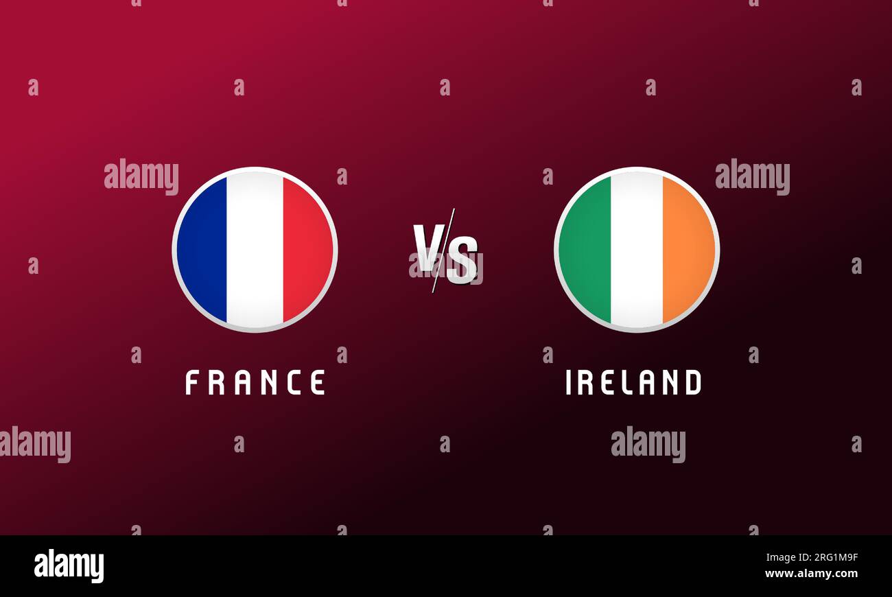 Bandiera Francia vs Irlanda emblema rotondo. Sfondo calcistico con il logo delle bandiere nazionali francesi e irlandesi. Illustrazione vettoriale per il torneo di qualificazione Illustrazione Vettoriale
