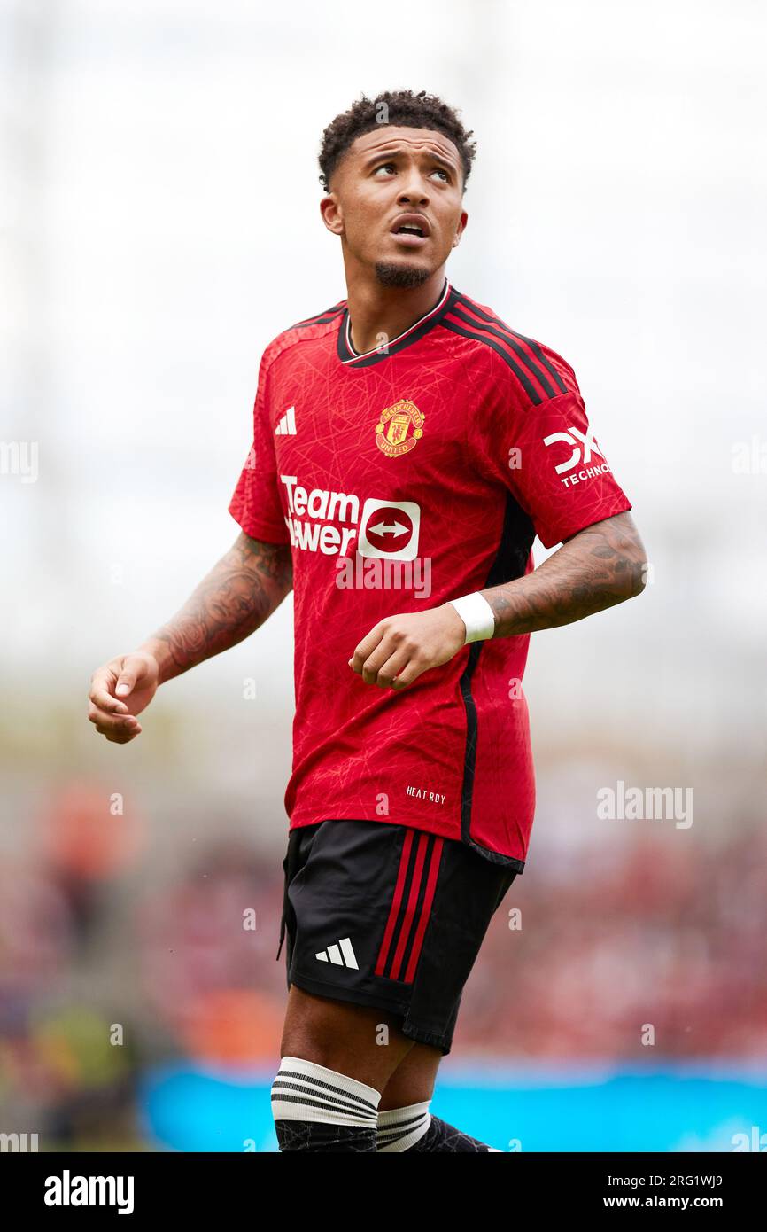 Dublino, Irlanda, 6 agosto 2023, Jadon Sancho del Manchester United durante la partita di calcio amichevole pre-stagionale tra Manchester United e Athletic Club il 6 agosto 2023 all'Aviva Stadium di Dublino, Irlanda Foto Stock