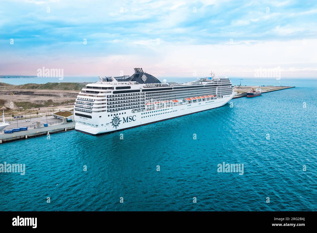 Copenaghen, Danimarca - 29 luglio 2023: Nave da crociera MSC poesia ormeggiata nel porto di Copenaghen, Danimarca. Foto Stock