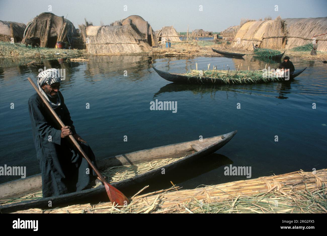 Antiche zone umide della Mesopotamia, del Tigri e dell'Eufrate, paludi di Hammar. Uomo arabo paludoso in canoa, donna che trasporta canne appena tagliate tra le isole note come dibin. Case sull'isola di Reed. Iraq meridionale, anni '1984 1980, HOMER SYKES Foto Stock