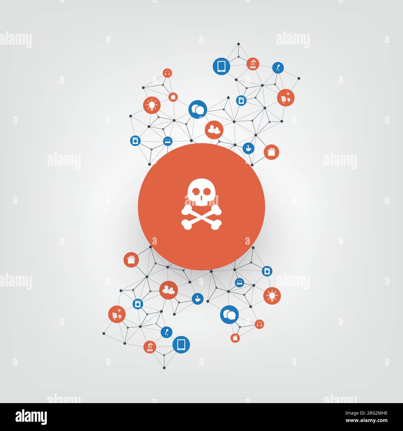 Vulnerabilità di rete, dispositivi IoT intelligenti vulnerabili e hackerati - virus, malware, ransomware, frode, spam, phishing, truffa tramite e-mail, attacco hacker - IT Securit Illustrazione Vettoriale