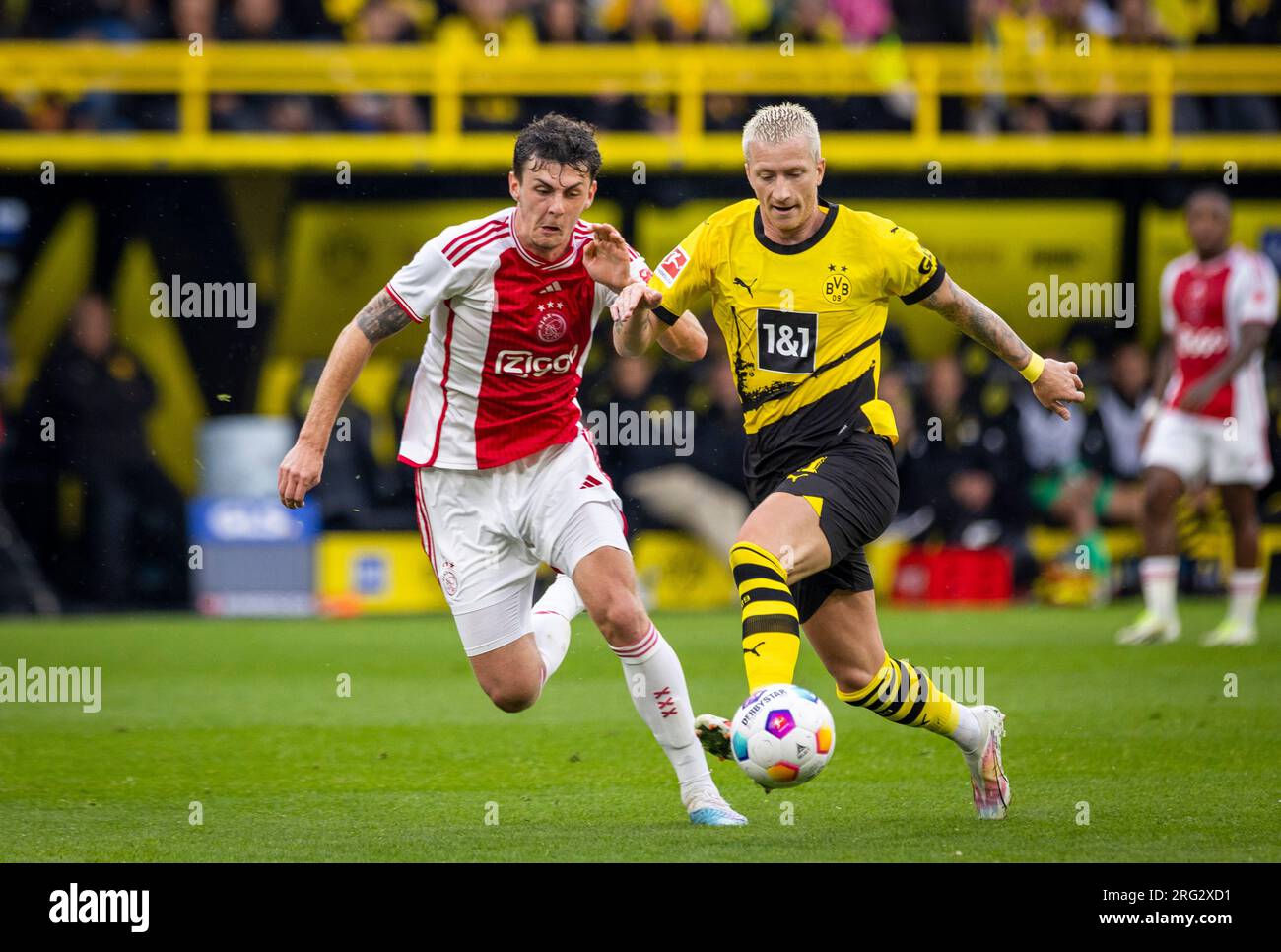 Dortmund, Germania. 6 agosto 2023. Benjamin Tahirovic (Ajax Amsterdam) und Marco Reus (Borussia Dortmund) im Zweikampf Borussia Dortmund - Ajax Amst Foto Stock