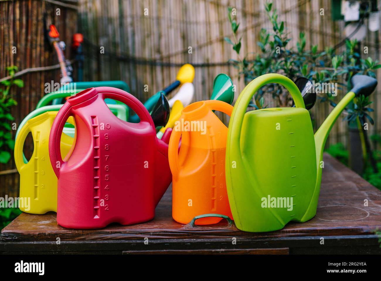 Coloratissime lattine da innaffiare in giardino Foto Stock