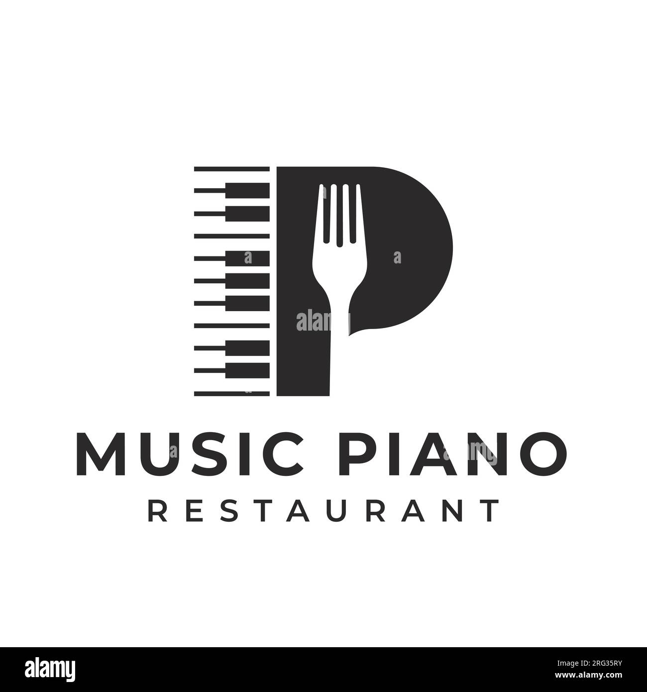 Logo Letter P per pianoforte o musica. con un utensile da cucina a forchetta. due variazioni nere su uno sfondo bianco isolato. si applica a restaur Illustrazione Vettoriale