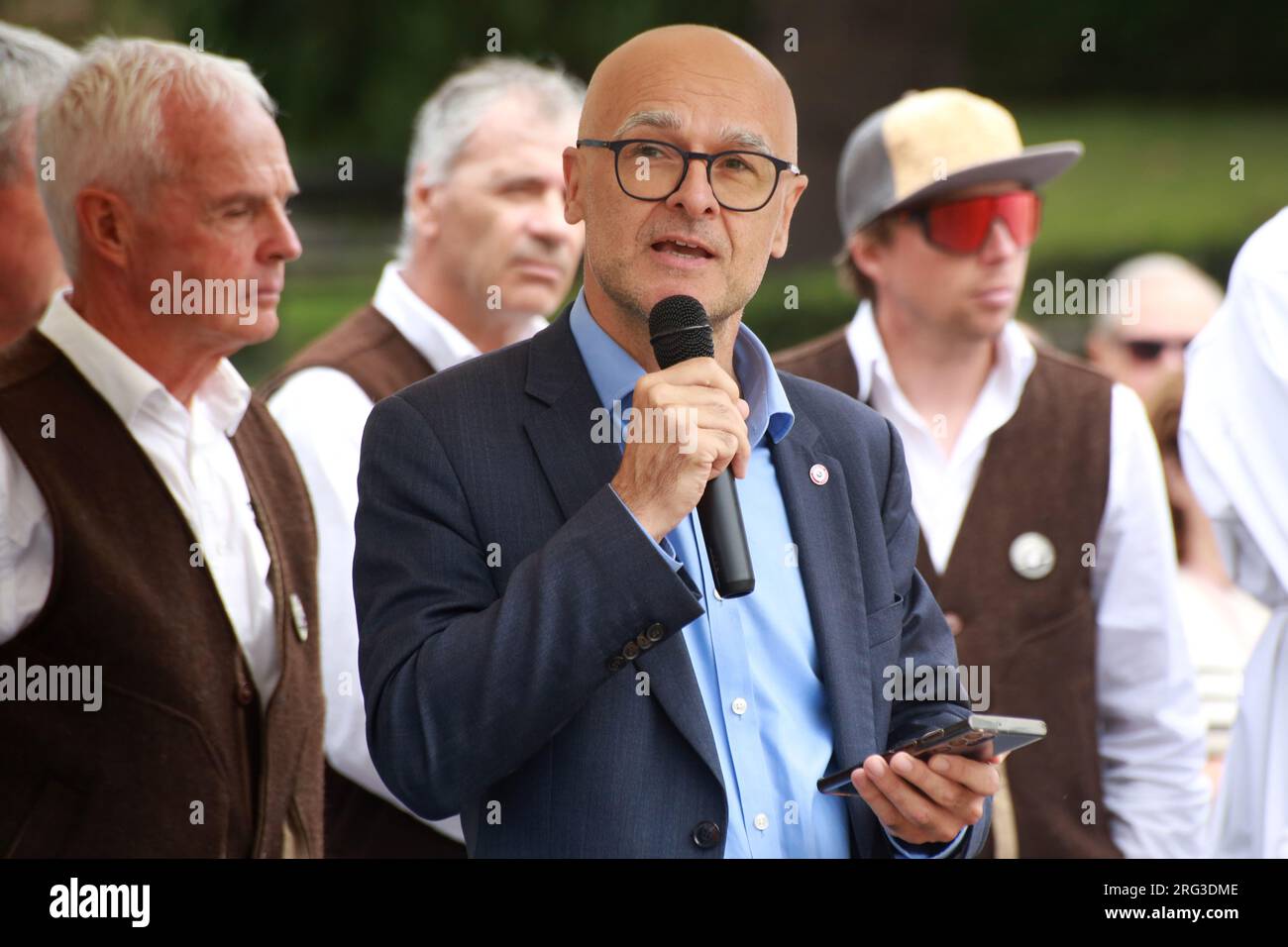 Xavier Roseren, député de Haute-Savoie. Fête des Guides 2023. Compagnie des Guides de Saint-Gervais-les-Bains et des Contamines-Montjoie. Saint-Gervai Foto Stock