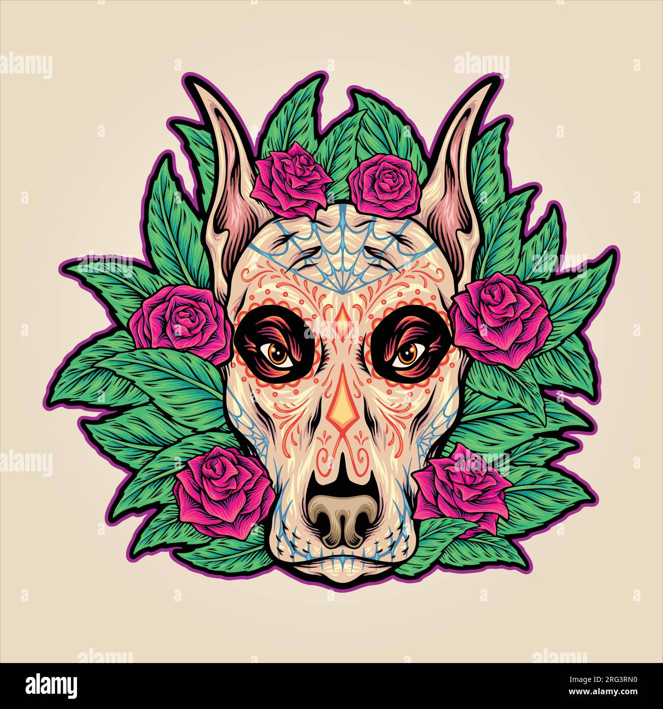 Cane che celebra il giorno dei morti con decorazioni floreali illustrazioni vettoriali per il logo del tuo lavoro, t-shirt di merchandising, adesivi e disegni di etichette, poster, Illustrazione Vettoriale