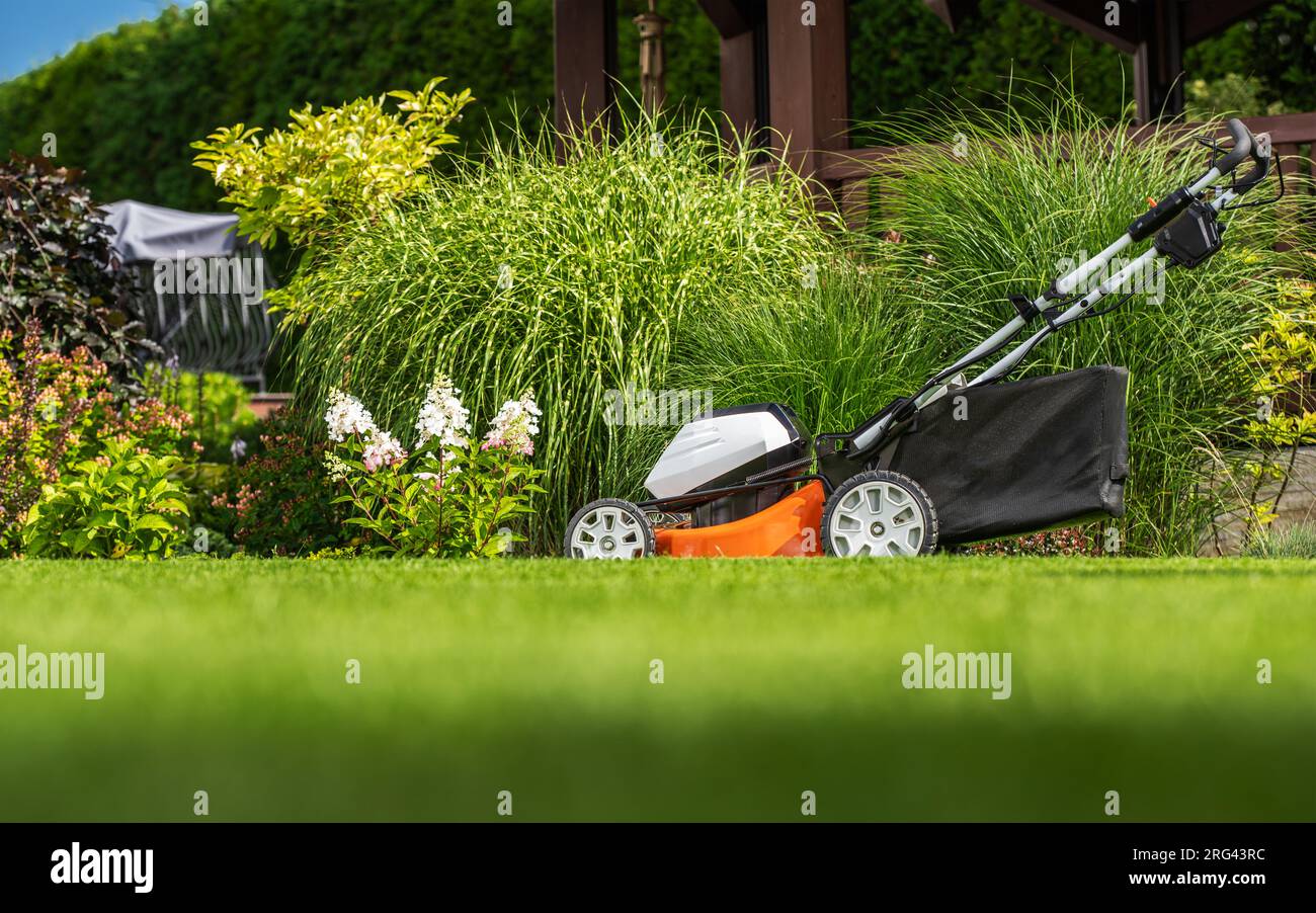 Moderna falciatrice da erba cordless alimentata a batteria nel colorato giardino maturo Foto Stock