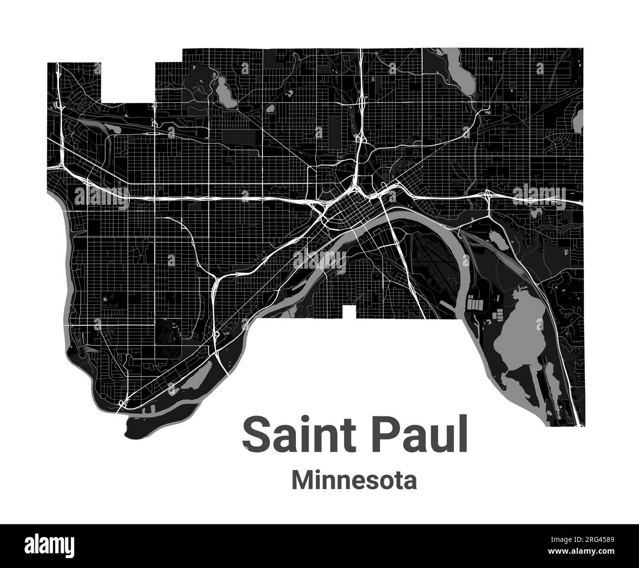 Mappa della città di Saint Paul, capitale dello stato USA del Minnesota. Confini amministrativi comunali, mappa dell'area in bianco e nero con fiumi e strade, parchi e Illustrazione Vettoriale
