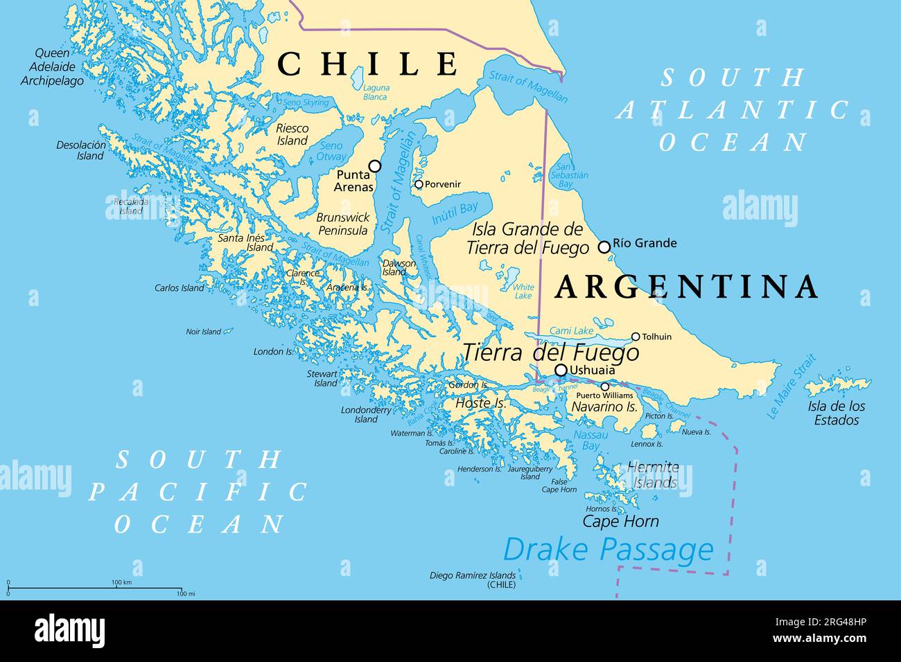 Tierra del Fuego, mappa politica. Arcipelago e punta più meridionale del Sud America, attraverso lo stretto di Magellano, diviso tra Cile e Argentina. Foto Stock
