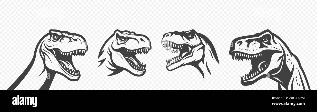 Set di icone Vector Black and White Tyrannosaurus Rex Head, illustrazione della silhouette ritagliata Illustrazione Vettoriale