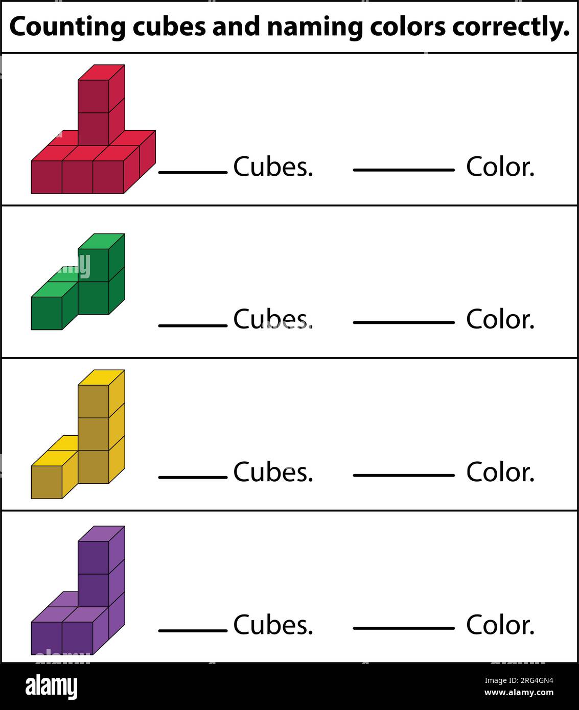 Esercizio di conteggio dei cubi colorati. Gioco di logica didattica per bambini in età prescolare. Foglio attività per bambini. Contare il numero di cubi. Illustrazione Vettoriale