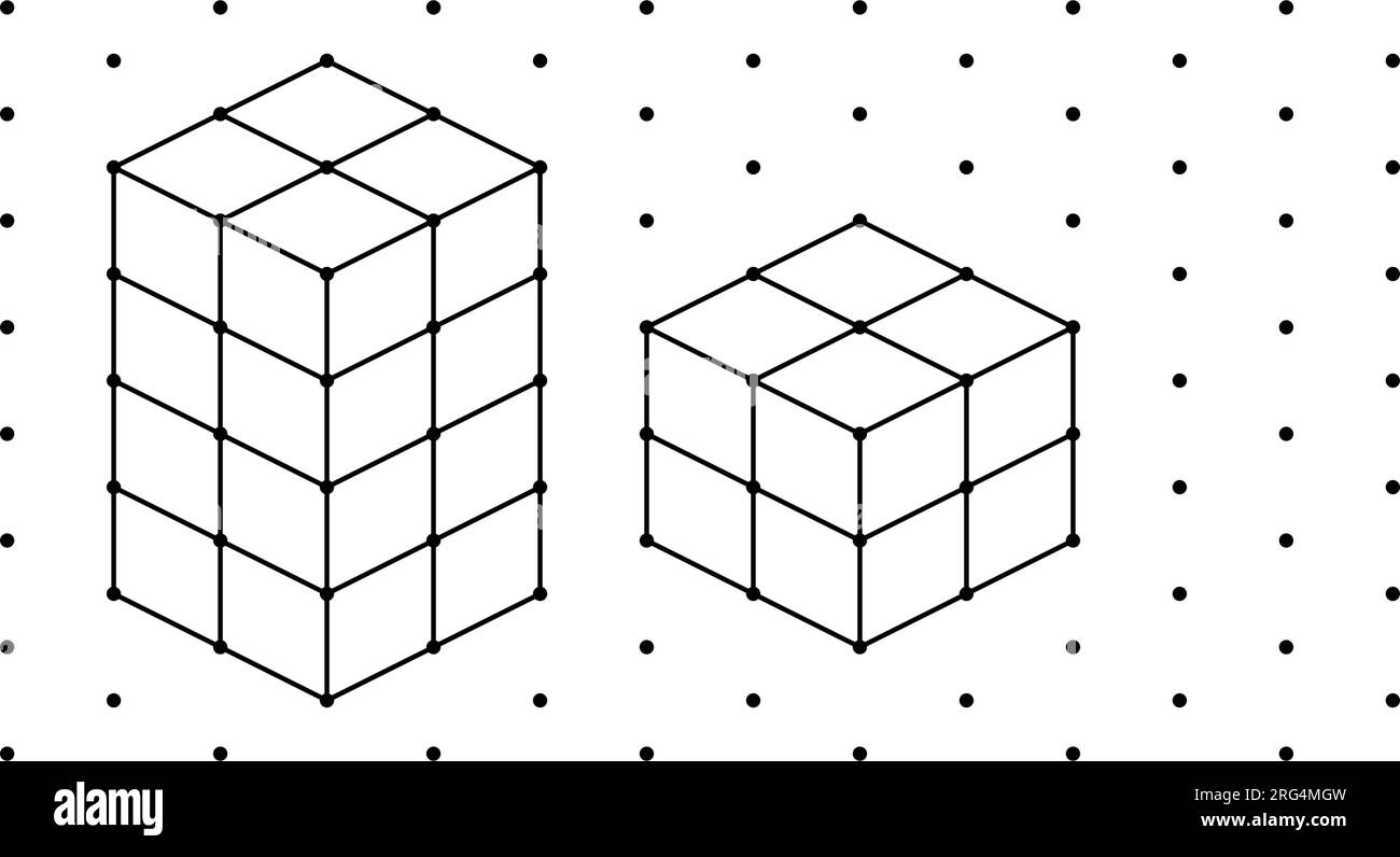 Cubi isometrici 3D per ogni forma utilizzando le linee tratteggiate su una griglia a punti. Il disegno della linea è su un foglio di matematica scolastico con sfondo bianco. Illustrazione Vettoriale