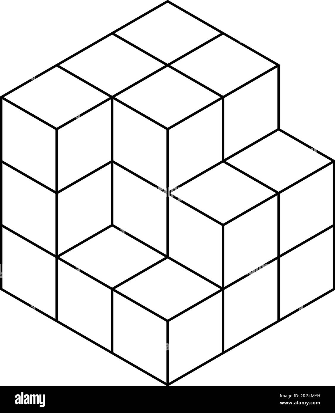 Cubi isometrici 3D per ogni forma utilizzando le linee tratteggiate su una griglia a punti. Il disegno della linea è su un foglio di matematica scolastico con sfondo bianco. Illustrazione Vettoriale