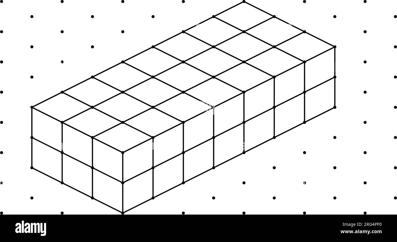 Cubi isometrici 3D per ogni forma utilizzando le linee tratteggiate su una griglia a punti. Il disegno della linea è su un foglio di matematica scolastico con sfondo bianco. Illustrazione Vettoriale