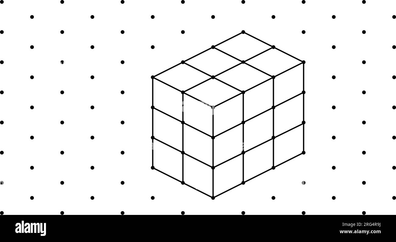 Cubi isometrici 3D per ogni forma utilizzando le linee tratteggiate su una griglia a punti. Il disegno della linea è su un foglio di matematica scolastico con sfondo bianco. Illustrazione Vettoriale