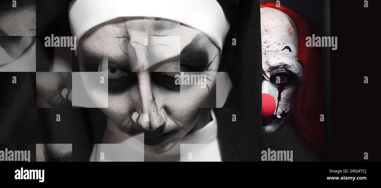 Allucinazioni. Suora diabolica e clown spaventoso su sfondo nero, immagine distorta. Design banner Foto Stock