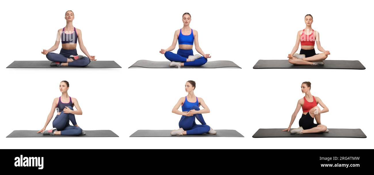 Giovane donna che pratica yoga su sfondo bianco. Collage con diverse asana Foto Stock