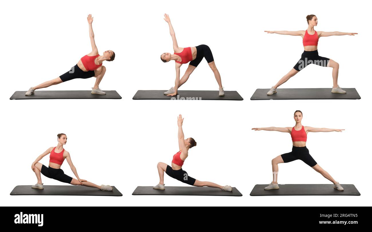 Giovane donna che pratica yoga su sfondo bianco. Collage con diverse asana Foto Stock