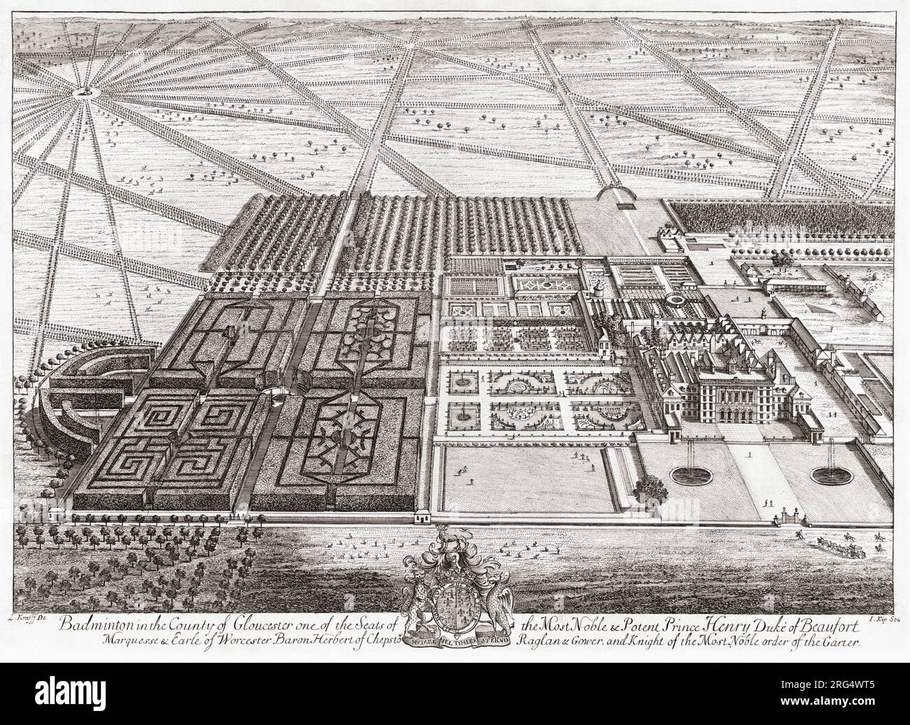 Veduta a volo d'uccello di Badminton, intorno al 1709, la tenuta del Duca di Beaufort. Dopo un lavoro di Jan Kip. Foto Stock