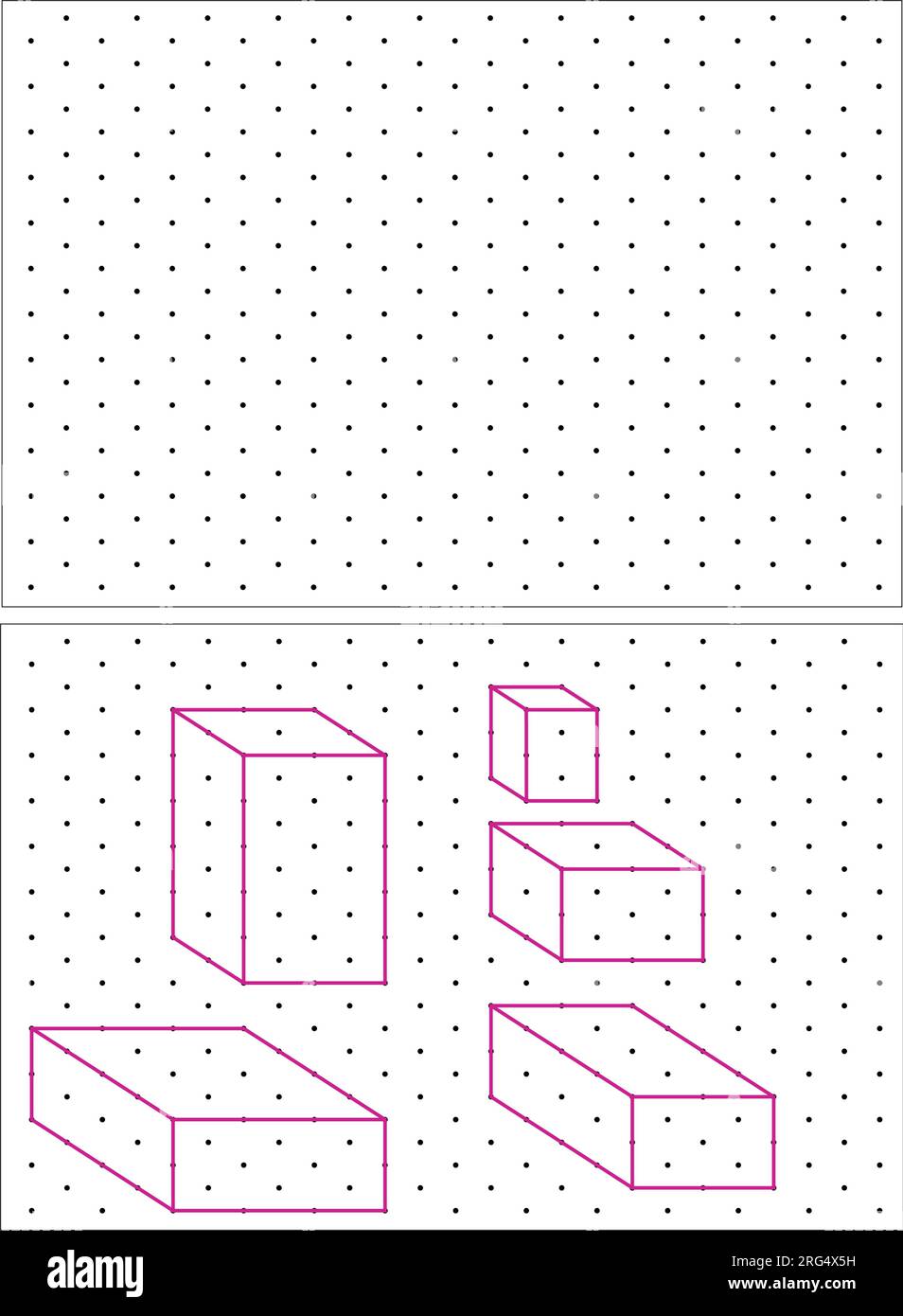 Esercitazione pratica: Disegnare un cubo isometrico su ciascuna di queste forme utilizzando le linee tratteggiate su una griglia di punti. Disegno di linee su un foglio di matematica della scuola Illustrazione Vettoriale