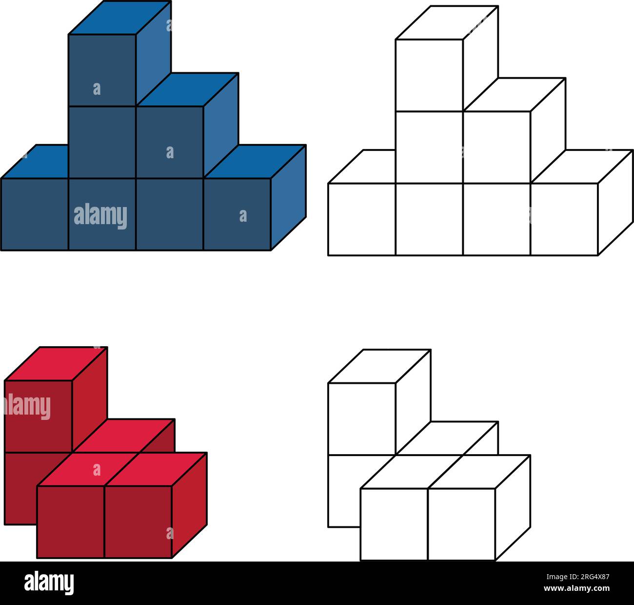 cubi isometrici 3d. colore cubo e contorno. su sfondo bianco Illustrazione Vettoriale