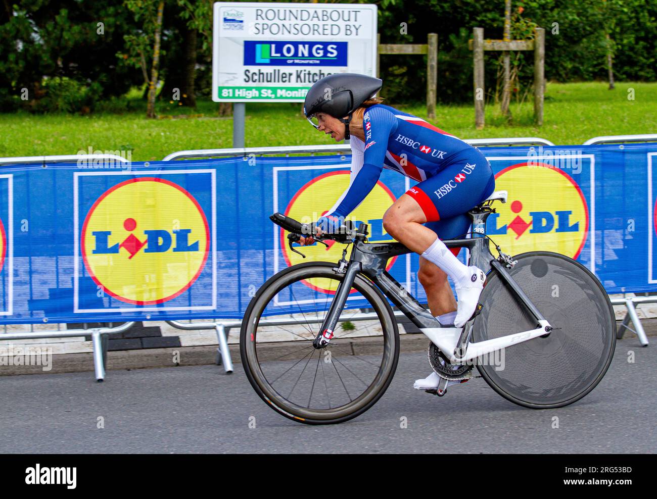 Dundee, Tayside, Scozia, Regno Unito. 7 agosto 2023. Campionati del mondo di ciclismo UCI: I Campionati del mondo di ciclismo UCI si terranno nella città della scoperta, con un percorso di 22,8 km e 89 m di arrampicata. La Gran Fondo Road Race ha inizio sulla West Grange Road a est di Dundee. I ciclisti pedaleranno quindi in direzione nord-est su Arbroath Road, che fa parte della A92, verso Arbroath prima di svoltare a nord-est a Salmon's Muir, due miglia a nord di Carnoustie, e tornare lungo la A92 fino al traguardo di Dundee. Crediti: Dundee Photographics/Alamy Live News Foto Stock