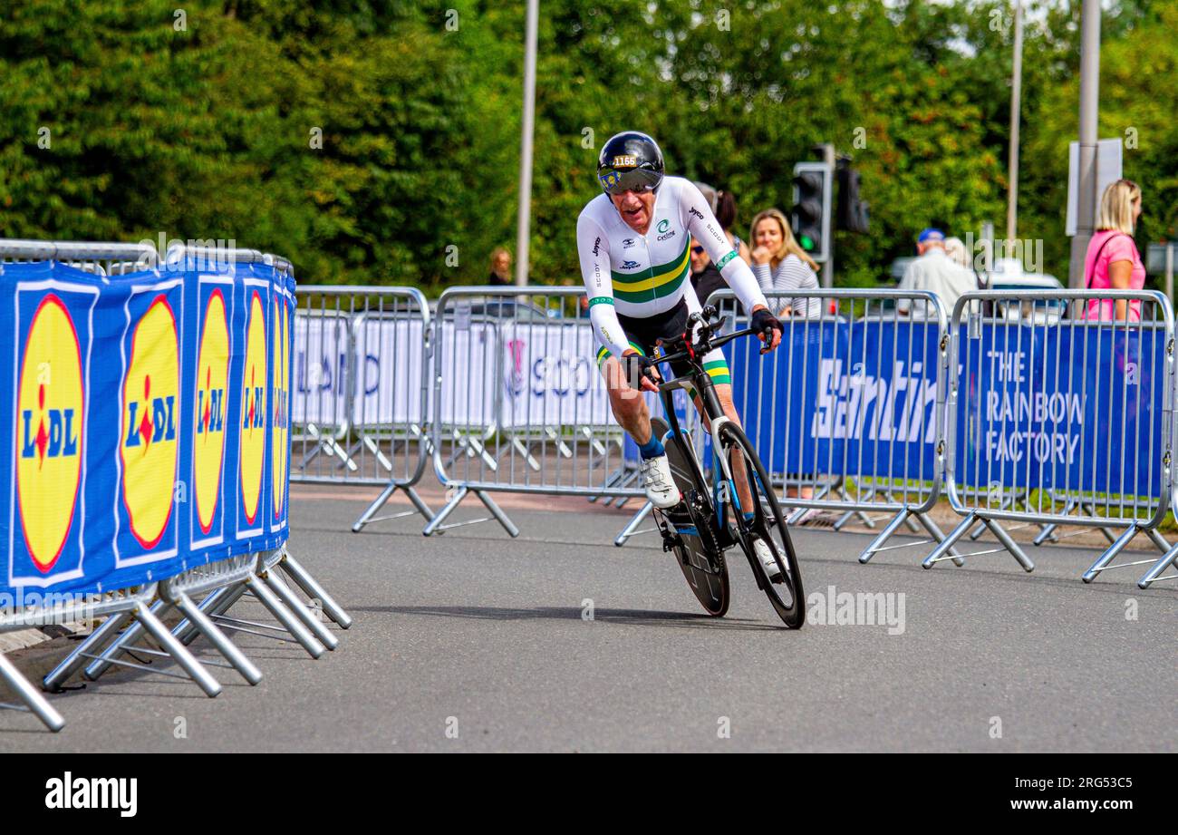 Dundee, Tayside, Scozia, Regno Unito. 7 agosto 2023. Campionati del mondo di ciclismo UCI: I Campionati del mondo di ciclismo UCI si terranno nella città della scoperta, con un percorso di 22,8 km e 89 m di arrampicata. La Gran Fondo Road Race ha inizio sulla West Grange Road a est di Dundee. I ciclisti pedaleranno quindi in direzione nord-est su Arbroath Road, che fa parte della A92, verso Arbroath prima di svoltare a nord-est a Salmon's Muir, due miglia a nord di Carnoustie, e tornare lungo la A92 fino al traguardo di Dundee. Crediti: Dundee Photographics/Alamy Live News Foto Stock
