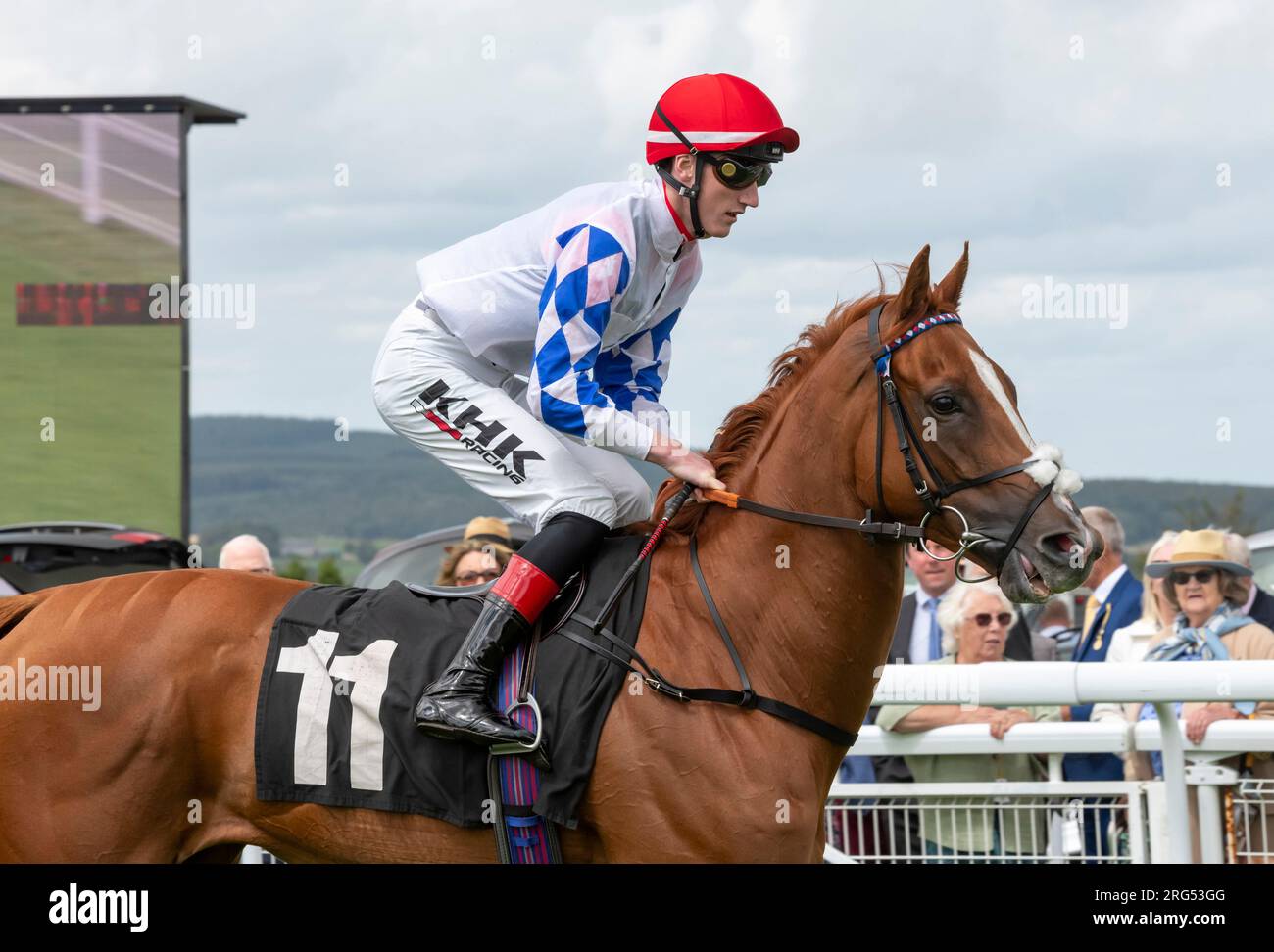 Jockey David Egan Riding Designer il giorno 1 del Qatar Goodwood Festival Meeting 2023 all'ippodromo di Goodwood, Chichester Foto Stock