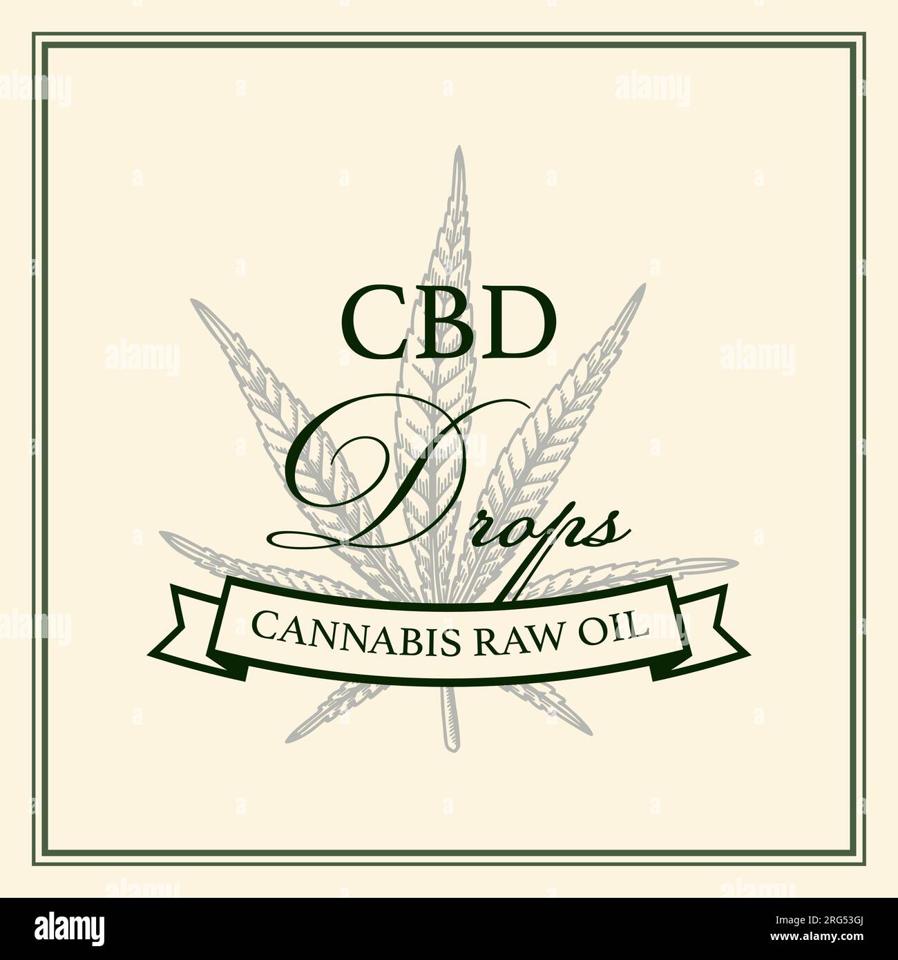 Design della confezione di prodotti a base di cannabis. Modello logo marijuana con elementi disegnati a mano. Illustrazione vettoriale nello stile di schizzo Illustrazione Vettoriale