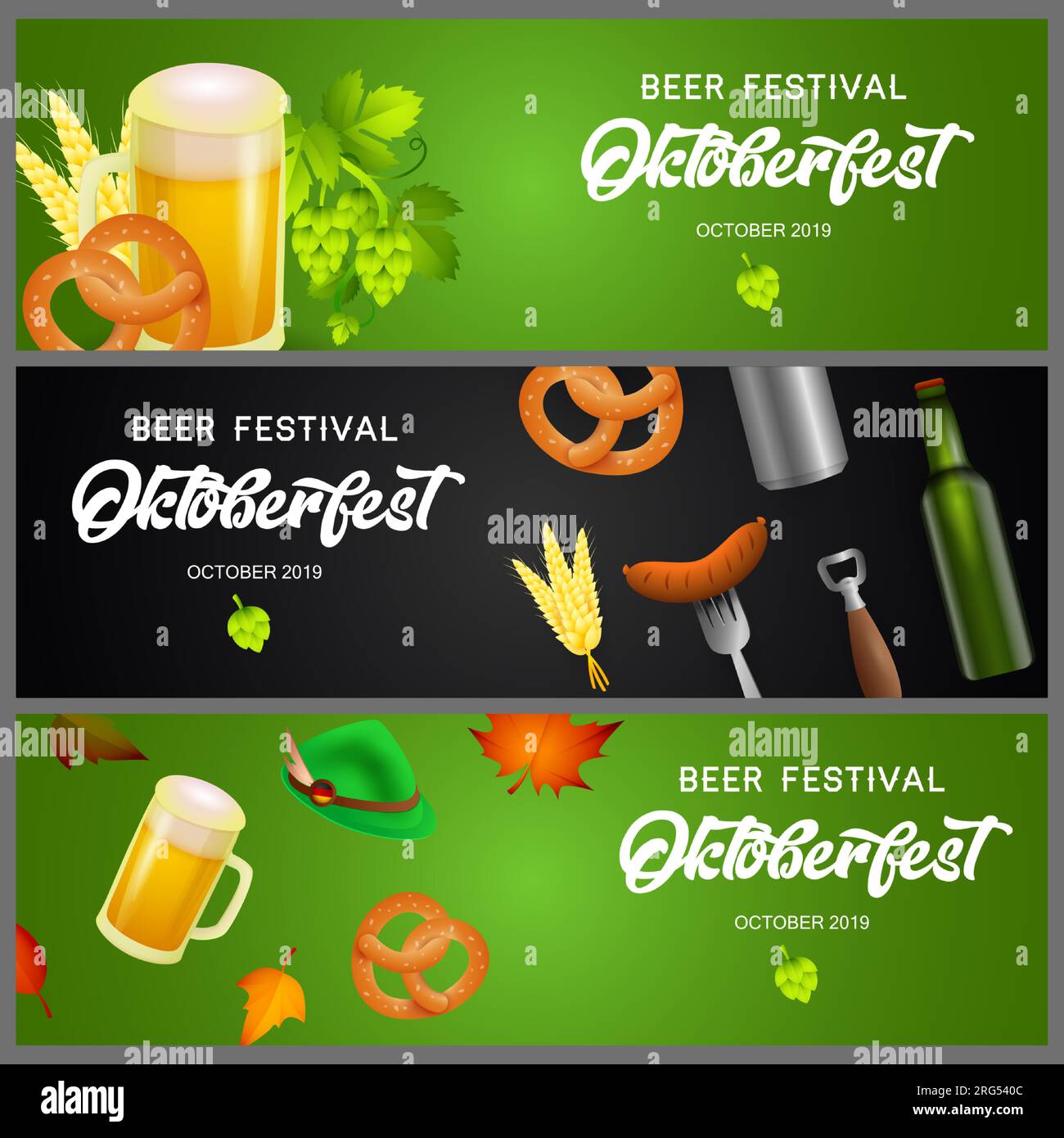 Set di striscioni dell'Oktoberfest con birra e spuntini Illustrazione Vettoriale
