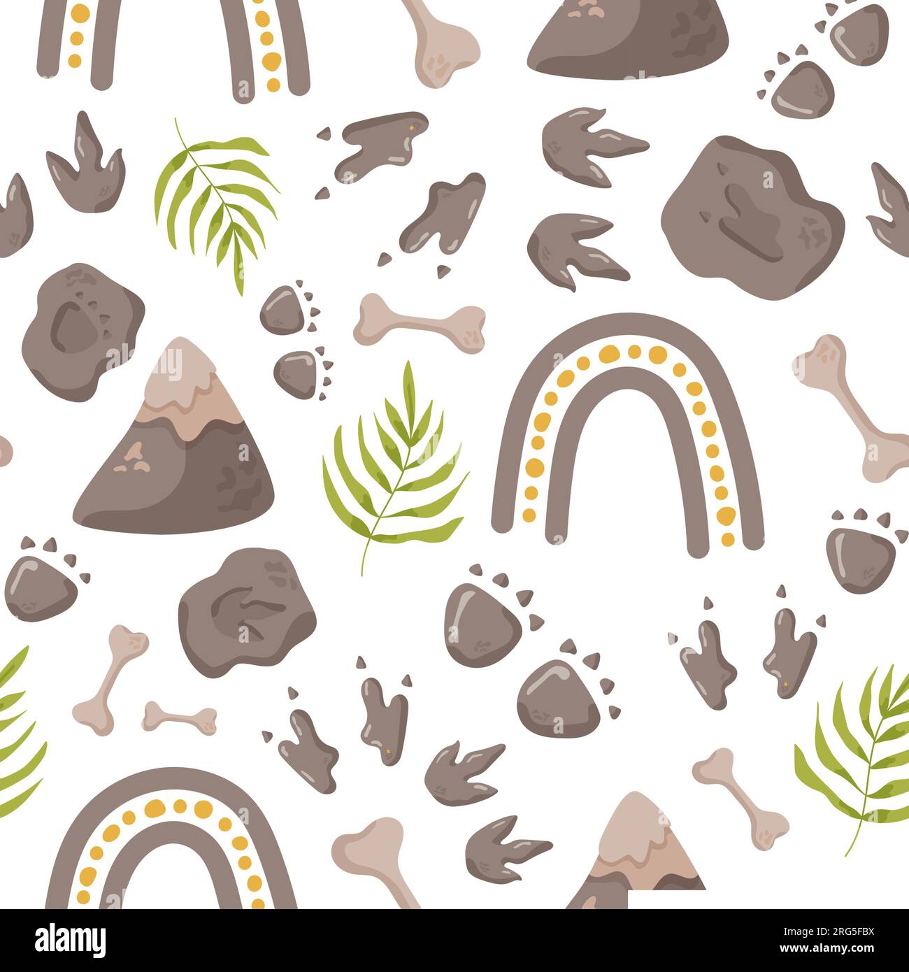 Tracciati di dinosauro senza cuciture. Sfondo di colore minimale con zampa, pietre, arcobaleno. Impronta dinosauro modello senza cuciture perfetto per Illustrazione Vettoriale