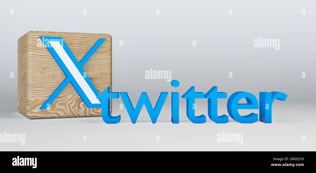 Wooden Cubes nuovo logo Twitter, Cubes con logo Twitter. Lavoro 3D e immagine 3D. Erevan, Armenia - 2023 luglio 26: Foto Stock