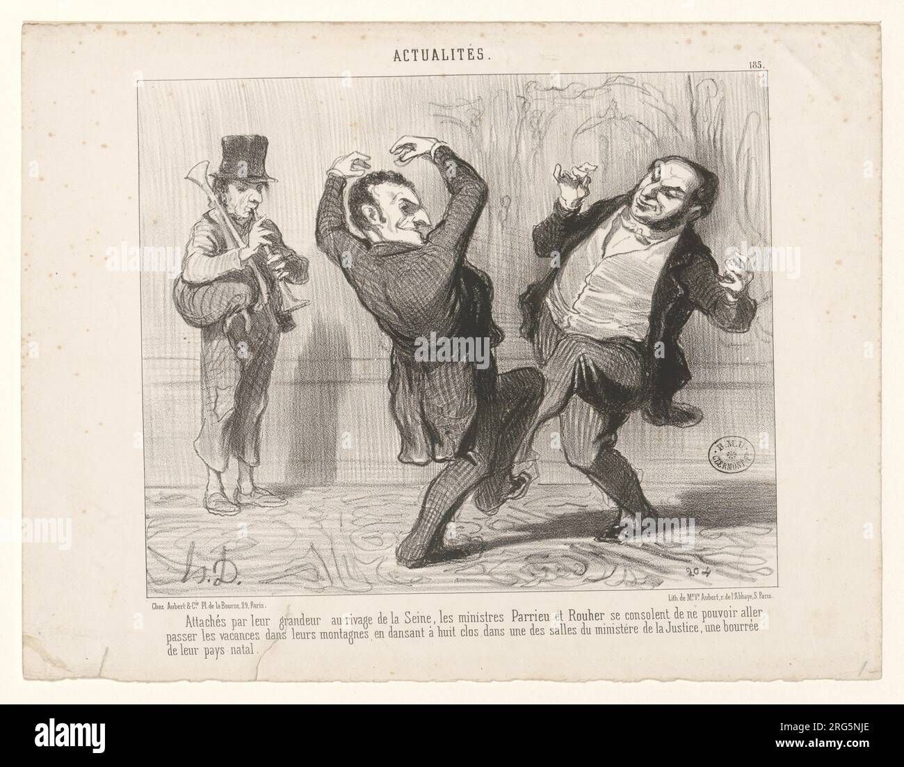 Attachés par leur grandeur au rivage de la Seine, les ministres Parrieu et Rouher se consolent de ne pouvoir aller passer les vacances dans leurs montagnes en dansant à huit clos dans une des salles du ministère de la Justice BOYER 2314 di Honoré Daumier Foto Stock